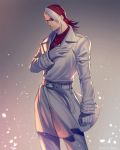  1boy alba_meira gloves hand_on_own_chest kof:_maximum_impact kuren long_hair male_focus multicolored_hair necktie red_hair sunglasses the_king_of_fighters trench_coat two-tone_hair white_hair 
