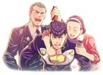  1girl 2boys alcohol beer blush bottle drunk family gakuran hairband higashikata_jousuke higashikata_ryouhei higashikata_tomoko jojo_no_kimyou_na_bouken kuren multiple_boys pompadour purple_eyes purple_hair school_uniform 