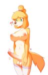  ! 2019 5_fingers ? animal_crossing anthro areola balls blonde_hair blue_eyes bodily_fluids breasts canid canine canis clothing crossgender domestic_dog erection fingers gynomorph hair hi_res humanoid_penis intersex isabelle_(animal_crossing) legwear mammal marblesoda mostly_nude navel nintendo nipples penis shih_tzu simple_background solo sweat sweatdrop toy_dog video_games white_background 