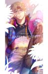  1boy abs battle_tendency blonde_hair bloody_stream blue_jacket caesar_anthonio_zeppeli character_name dated hair_ribbon hand_rest happy_birthday head_out_of_frame jacket jojo_no_kimyou_na_bouken kuren male_focus midriff ribbon sitting smirk solo 