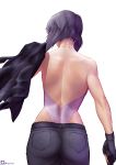  1girl ass belt denim fingerless_gloves ghost_in_the_shell gloves gun handgun highres jacket jacket_removed jeans kusanagi_motoko leotard orihalchon pants pistol purple_hair short_hair simple_background solo weapon white_background 