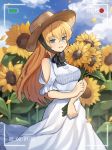  1girl :d artist_name blue_eyes blue_sky blush cellphone cellphone_camera cloud day dress flower hat highres open_mouth original outdoors phone risem sky smile standing sun_hat sunflower white_dress 