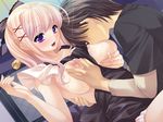  1boy 1girl apron ayase_hazuki blonde_hair blush breast_feeding breast_grab breasts chopsticks game_cg grabbing indoors kiryuu_eris makai_princess naked_apron nipple nipples purple_eyes smile sweat 