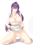  apron apron_lift bad_id bad_pixiv_id barefoot blush breasts bursting_breasts busujima_saeko gimai highschool_of_the_dead huge_breasts naked_apron no_panties purple_hair pussy seductive_smile shadow smile solo uncensored 