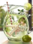  1girl artist_name barefoot blurry blurry_background chestnut_mouth clenched_hand cup dress drinking_straw flower food fruit full_body green_hair hair_flower hair_ornament highres ice ice_cube in_container in_cup lime_(fruit) lime_slice original pitcher red_eyes risem short_hair sitting underwater white_dress 