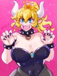  1girl :d bare_shoulders black_nails blonde_hair blue_earrings blue_eyes bowsette bracelet breasts cleavage collar collarbone commentary_request crown earrings eyebrows_visible_through_hair horns jewelry large_breasts mario_(series) nail_polish new_super_mario_bros._u_deluxe open_mouth pink_background pointy_ears ponytail short_hair simple_background sketch smile solo spiked_bracelet spiked_collar spikes super_crown teeth twitter_username upper_teeth zero_hime 