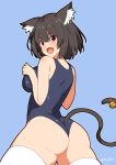  1girl animal_ear_fluff animal_ears ass azur_lane bangs bell black_hair blue_background blush breasts cat_ears cat_tail fang from_behind hair_between_eyes hands_up jingle_bell large_breasts looking_at_viewer looking_back one-piece_swimsuit open_mouth red_eyes school_swimsuit short_hair simple_background skylader solo standing swimsuit tail tail_bell thick_thighs thighhighs thighs twitter_username white_legwear yamashiro_(azur_lane) yamashiro_(summer_offensive?)_(azur_lane) 
