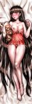  1girl alternate_costume bangs bare_arms bare_legs bare_shoulders barefoot black_hair blush breasts collarbone commentary danganronpa dgrp_(minhduc12333) harukawa_maki holding large_breasts looking_at_viewer lying mole mole_under_eye new_danganronpa_v3 nightgown nipples on_back panties red_eyes red_nightgown red_panties solo stuffed_animal stuffed_toy teddy_bear underwear 