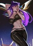  1girl absurdres arms_behind_head bangle black_legwear black_pants bracelet braid breasts choker cleavage cowboy_shot facial_mark hand_on_own_cheek highres jewelry k/da_(league_of_legends) k/da_kai&#039;sa kai&#039;sa league_of_legends lipstick long_hair makeup medium_breasts midriff pants parted_lips purple_eyes purple_lipstick solo sweat thaumazo 