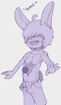  anthro bangs belly_rub bottomwear bulge clothed clothing cub dexter_(littlerager) disembodied_hand fondling happy hi_res lagomorph leporid littlerager male mammal onomatopoeia open_mouth pants rabbit rubbing solo sound_effects teeth topless underwear young 