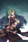  2girls arm_guards artist_name book byleth_(fire_emblem) byleth_(fire_emblem)_(female) cloak closed_eyes dagger dress finni_chang fire_emblem fire_emblem:_three_houses green_hair highres kneeling lap_pillow legwear_under_shorts long_hair lying medium_hair multiple_girls on_back pantyhose parted_lips pointy_ears red_string short_shorts shorts sleeping smile sothis_(fire_emblem) string tiara twintails twitter_username very_long_hair weapon wristband 