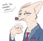  anthro canid canine clothed clothing dialogue disney english_text female fox holding_cup holding_object mammal necktie nobby_(artist) skye_(zootopia) solo speech_bubble suit teeth text zootopia 