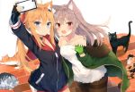  2girls animal animal_ears blonde_hair blue_eyes cat gloves gray_hair long_hair nibiiro_shizuka original phone ponytail red_eyes scan 