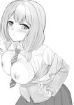  1girl bang_dream! bangs between_breasts blush breasts eyebrows_visible_through_hair greyscale highres large_breasts long_hair long_sleeves looking_at_viewer low_twintails monochrome naitou_kirara necktie nipples pleated_skirt shirt simple_background skirt solo twintails white_background 