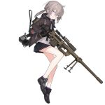  1girl astg backpack bag bolt_action cheytac_m200 commentary girls_frontline gloves gun headphones holding holding_gun holding_weapon jacket m200_(girls_frontline) official_art open_clothes open_jacket ponytail purple_eyes rifle shoes silver_hair simple_background skirt sneakers sniper_rifle socks solo transparent_background weapon 