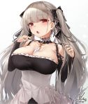  1girl azur_lane bangs bare_shoulders between_breasts black_dress blush breasts cleavage commentary_request cowboy_shot dated dress earrings eyebrows_visible_through_hair formidable_(azur_lane) frilled_dress frills grey_hair hair_ribbon hands_up highres jewelry large_breasts long_hair long_sleeves looking_at_viewer red_eyes ribbon signature solo toyosaki_shu twintails two-tone_dress very_long_hair 