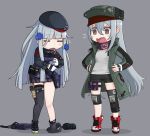  =_= bangs beret blue_hair blunt_bangs breasts closed_eyes clothes_writing collar facial_mark full_body g11_(girls_frontline) girls_frontline gloves grey_background hands_on_hips hat hk416_(girls_frontline) jacket knee_pads long_hair long_sleeves open_mouth personality_switch pleated_skirt popped_collar ran_system red_scarf saliva scarf scarf_on_head shadow shoes shorts silver_hair simple_background skirt sleepy standing teardrop thighhighs white_gloves 