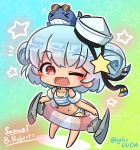  &gt;_&lt; 1girl ;d animal animal_on_head asimo953 black_ribbon blue_hair chibi commentary_request dixie_cup_hat double_bun fang full_body hair_ornament hairpin hat hat_ribbon holding holding_innertube innertube kantai_collection little_blue_whale_(kantai_collection) military_hat on_head one_eye_closed open_mouth ribbon samuel_b._roberts_(kantai_collection) short_hair smile standing star sunglasses whale 