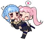  2girls :o ;d bangs blue_hair blunt_bangs blush boots braid carrying chibi crown_braid do_m_kaeru eyebrows_visible_through_hair fire_emblem fire_emblem:_three_houses flying_sweatdrops garreg_mach_monastery_uniform heart hilda_valentine_goneril long_hair marianne_von_edmund multiple_girls one_eye_closed open_mouth pink_eyes pink_hair princess_carry running simple_background smile spoken_heart twintails white_background yuri 