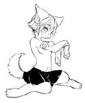  3_toes anthro black_and_white black_bottomwear black_clothing black_skirt blush bottomwear breasts clothed clothing domestic_cat felid feline felis female fur hair kemono looking_at_viewer mammal medium_breasts miznototo monochrome navel simple_background skirt solo toes topless undressing white_background 