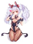  1girl animal_ears arm_up ass_visible_through_thighs azur_lane black_jacket black_legwear black_leotard breasts bunny_ears bunny_girl bunnysuit condom_wrapper covered_navel cropped_jacket fake_animal_ears hairband highleg highleg_leotard highres jacket jacket_pull laffey_(azur_lane) leotard libix long_hair looking_at_viewer mouth_hold off_shoulder pantyhose pulled_by_self red_eyes salute see-through silver_hair simple_background sitting small_breasts smile solo thigh_gap very_long_hair white_background 