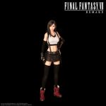  1girl arm_guards black_background black_gloves black_hair black_legwear black_skirt copyright_name crop_top elbow_gloves final_fantasy final_fantasy_vii final_fantasy_vii_remake fingerless_gloves full_body gloves hand_on_hip long_hair looking_at_viewer navel official_art pleated_skirt red_footwear skirt smile solo square_enix standing stomach suspenders tank_top thighhighs tifa_lockhart toned undershirt 