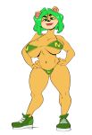  2019 absurd_res activision ami_bandicoot anthro bandicoot big_breasts bikini breasts clothing crash_bandicoot_(series) eyeshadow female footwear front_view green_eyes green_eyeshadow green_hair hair hands_on_hips hi_res lipstick looking_at_viewer makeup mammal marsupial navel red_lipstick shoes signature simple_background slb solo standing swimwear video_games white_background 