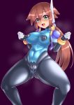  1girl :d ahegao aile bangs blush bodystocking bodysuit bracelet breasts brown_hair covered_navel covered_nipples cropped_jacket green_eyes hair_between_eyes impossible_clothes impossible_leotard jewelry leotard long_hair low_ponytail open_mouth ponytail robot_ears rockman rockman_zx rockman_zx_advent semikichi simple_background skin_tight smile solo spandex spread_legs steaming_body taut_leotard 