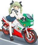  1girl anchovy anzio_school_uniform bangs belt black_belt black_cape black_footwear black_neckwear black_ribbon black_skirt cape commentary_request dress_shirt drill_hair emblem flag_print full_body girls_und_panzer green_hair ground_vehicle hair_ribbon highres honda italian_flag italian_text loafers logo long_hair long_sleeves looking_at_viewer mikeran_(mikelan) miniskirt motor_vehicle motorcycle necktie open_mouth pantyhose partial_commentary pleated_skirt red_eyes ribbon riding school_uniform shadow shirt shoes sitting skirt smile solo twin_drills twintails v-shaped_eyebrows white_background white_legwear white_shirt 