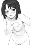  1girl bang_dream! blush breasts greyscale highres large_breasts looking_at_viewer monochrome naitou_kirara nipples nude open_mouth pubic_hair pussy short_hair simple_background solo white_background 