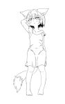  5_toes anthro black_and_white blush clothed clothing domestic_cat felid feline felis female flat_chested hair kemono looking_at_viewer mammal miznototo monochrome simple_background solo standing toes white_background 