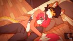  16:9 absurd_res anthro bed black_hair canid canine clothed clothing detailed_background digital_media_(artwork) duo fingers hair hi_res male mammal marblesoda on_bed pink_hair 