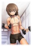  1girl absurdres bare_shoulders black_shorts breasts brown_eyes brown_hair cowboy_shot dumbbell flat_chest highres kantai_collection midriff navel short_hair shorts small_breasts solo taihou_(kantai_collection) uni_(uni-strain) 