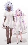  2girls ahoge alexis_(zkstxxx) barefoot blue_eyes blue_hair brown_eyes child dark_skin elliot_(zkstxxx) eyepatch feet grey_background heterochromia highres horns lavender_eyes lavender_hair legs long_hair multiple_girls original shiny shiny_skin shirt simple_background smile t-shirt very_long_hair younger zkstxxx 