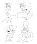  3_fingers 5_fingers anthro black_and_white bodily_fluids domestic_cat duo felid feline felis female fingers flat_chested hair half-closed_eyes hi_res human kemono lying male mammal miznototo monochrome nervous simple_background sitting sweat white_background young 
