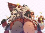  2019 anthro black_nose brown_fur canid canine clothed clothing daihukudokoro duo fur goemon_(tas) human humanoid_hands male mammal overweight overweight_male raccoon_dog tanuki teeth tokyo_afterschool_summoners video_games 