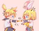  1boy 1girl anger_vein arm_warmers bangs bare_shoulders belt black_collar black_shorts black_sleeves blonde_hair blue_eyes bow brother_and_sister chibi closed_mouth collar commentary fighting from_side hair_bow hair_ornament hairclip harusamesyota highres holding_handheld_game_console kagamine_len kagamine_rin light_blush neckerchief necktie nintendo_switch pink_background pout pulling sailor_collar school_uniform shirt short_hair short_ponytail short_sleeves shorts shoulder_tattoo siblings simple_background spiked_hair swept_bangs tattoo trembling twins v-shaped_eyebrows vocaloid white_bow white_shirt yellow_neckwear 