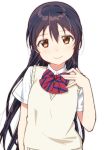  1girl bangs blue_hair blush bow bowtie commentary_request eyebrows_visible_through_hair hair_between_eyes hand_up long_hair looking_at_viewer love_live! love_live!_school_idol_project otonokizaka_school_uniform red_neckwear school_uniform short_sleeves simple_background skull573 smile solo sonoda_umi striped striped_neckwear white_background yellow_eyes 