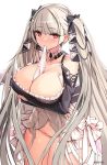  1girl absurdres artist_name azur_lane bangs bare_shoulders between_breasts black_dress blush bottomless breast_hold breasts cleavage clothes_in_mouth commentary_request dress earrings eyebrows_visible_through_hair formidable_(azur_lane) frilled_dress frills grey_hair hair_ribbon highres jewelry large_breasts long_hair long_sleeves looking_at_viewer red_eyes ribbon sessue signature simple_background solo standing twintails two-tone_dress two-tone_ribbon very_long_hair white_background 