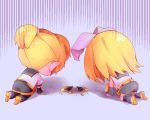  1boy 1girl all_fours arm_warmers belt black_collar black_shorts black_sleeves blonde_hair bow broken brother_and_sister chibi collar commentary despair emphasis_lines from_behind hair_bow handheld_game_console harusamesyota highres kagamine_len kagamine_rin looking_down sailor_collar school_uniform shirt shoes short_hair short_ponytail short_sleeves shorts siblings twins vocaloid white_bow white_footwear white_shirt 