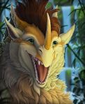  2019 brown_hair day detailed_background dragon fur furred_dragon green_eyes hair hi_res horn keltaan open_mouth outside smile teeth tongue yellow_fur 