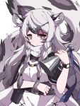  1girl animal_ear_fluff animal_ears arknights bangs bell belt braid breasts bright_pupils cape closed_mouth commentary dress eyebrows_visible_through_hair gla grey_eyes grey_hair highres holding jewelry leopard_ears leopard_tail long_hair looking_at_viewer medium_breasts necklace pramanix_(arknights) solo tail turtleneck turtleneck_dress twin_braids very_long_hair watch white_dress white_pupils wristwatch 