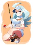  1girl ahoge blue_eyes blue_hair blue_skirt breasts full_body golf_club highres kahili_(pokemon) looking_at_viewer mole mole_under_eye pencil_skirt poke_ball pokemon pokemon_(game) pokemon_sm shoes short_sleeves skirt socks solo squatting visor_cap 