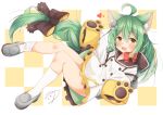  1girl :3 :d akashi_(azur_lane) animal_ear_fluff animal_ears azur_lane bangs bell black_bow black_sailor_collar blush bow braid brown_eyes cat_ears checkered checkered_background commentary_request dress eyebrows_visible_through_hair full_body green_hair grey_footwear hair_between_eyes hair_bow hair_ornament heart highres jingle_bell long_hair long_sleeves looking_at_viewer minato_yu0 open_mouth red_bow sailor_collar sailor_dress shoes signature single_braid sleeves_past_fingers sleeves_past_wrists smile socks solo very_long_hair white_dress white_legwear 