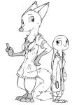  anthro black_and_white canid canine clothed clothing disney duo female fox hi_res holding_object holding_weapon judy_hopps lagomorph leporid male mammal monochrome nick_wilde rabbit standing weapon zhan zootopia 