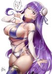  1girl bangs bare_shoulders bb_(fate)_(all) breasts bridal_gauntlets bun_cover cleavage collarbone cosplay cowboy_shot eyebrows_visible_through_hair fate/grand_order fate_(series) grin groin hair_bun head_tilt large_breasts long_hair looking_at_viewer miyamoto_musashi_(fate/grand_order) miyamoto_musashi_(swimsuit_berserker)_(fate) miyamoto_musashi_(swimsuit_berserker)_(fate)_(cosplay) navel o-ring one-piece_swimsuit purple_eyes purple_hair purple_legwear purple_nails signature simple_background skindentation smile solo swimsuit thighhighs thighs uo_denim very_long_hair w white_background 
