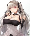  1girl azur_lane bangs bare_shoulders between_breasts black_dress blush breasts cleavage cowboy_shot dated dress earrings eyebrows_visible_through_hair formidable_(azur_lane) frilled_dress frills grey_hair hair_ribbon hands_up highres jewelry large_breasts long_hair long_sleeves looking_at_viewer red_eyes ribbon signature solo toyosaki_shu twintails two-tone_dress very_long_hair 