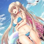  1girl :d ahoge alternate_costume animal azur_lane bangs bare_arms bare_shoulders bikini bird blue_bikini blue_sky blush braid braided_bun breasts brown_hair choker cleavage cloud cloudy_sky collarbone commentary_request cowboy_shot day double_bun enchuu eyebrows_visible_through_hair feathered_wings floating_hair floral_print formidable_(azur_lane) formidable_(the_lady_of_the_beach)_(azur_lane) hair_bun hair_rings halter_top halterneck highres holding innertube large_breasts long_hair looking_at_viewer navel open_mouth outdoors red_eyes ribbon seagull sidelocks sky smile solo standing swimsuit thighhighs twin_braids twintails very_long_hair wings 