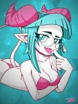  bikini blue_eyes blue_hair breasts butt clothed clothing demon edith_(scoot_senpai) eyelashes eyewear female freckles glasses green_eyes green_hair hair hi_res horn humanoid humanoid_pointy_ears jomokin looking_at_viewer lying on_front shoulder_freckles swimwear tongue tongue_out 