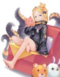  &lt;o&gt;_&lt;o&gt; 1girl abigail_williams_(fate/grand_order) bangs bare_legs barefoot black_bow black_jacket blonde_hair blue_eyes blurry blurry_background bow closed_mouth commentary_request crossed_bandaids depth_of_field dutch_angle fate/grand_order fate_(series) hair_bow hair_bun heroic_spirit_traveling_outfit highres jacket long_sleeves medjed object_hug orange_bow padal parted_bangs pillow sitting sleeves_past_fingers sleeves_past_wrists solo stuffed_animal stuffed_toy suction_cups teddy_bear tentacles white_background 